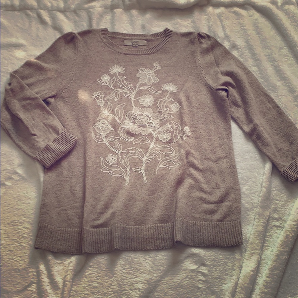 Light brown crew neck with embroidered detail